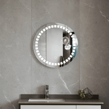 Rund spegel med svart metallram för en industriell touch.